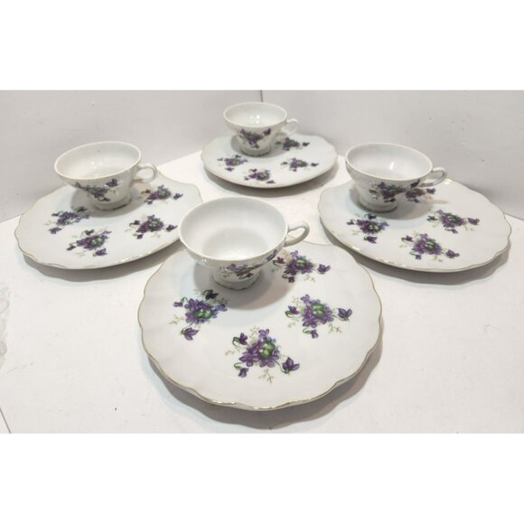4 Mid Century Modern Shell Shaped Violets Bone China Luncheon Plates And Teacups - Picture 1 of 11